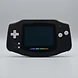 Front view of a matte black and white Game Boy Advance IPS modded bundle with rainbow-colored screen branding