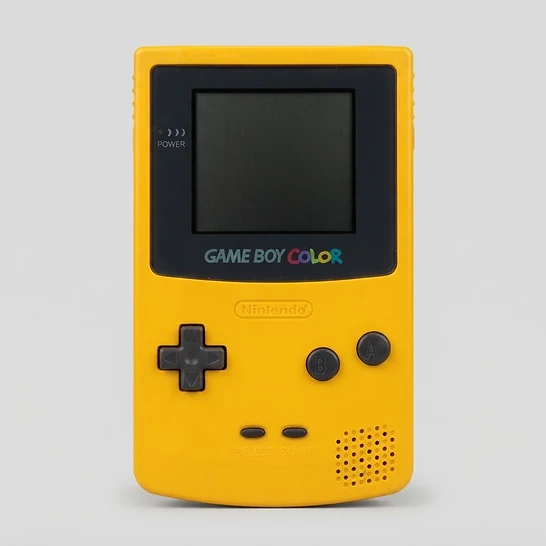 Front view of a yellow Nintendo Game Boy Color handheld console with dark gray buttons and screen bezel
