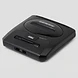 High-angle shot of a black Sega Genesis Slim console featuring the Genesis logo and front controller ports