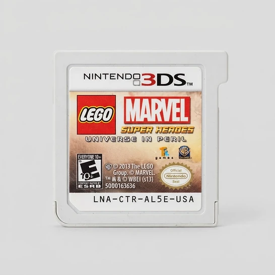 Front view of the LEGO Marvel Super Heroes: Universe in Peril game cartridge for Nintendo 3DS