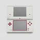 Front view of an open white and pink Nintendo DSi handheld console with a dual-screen layout