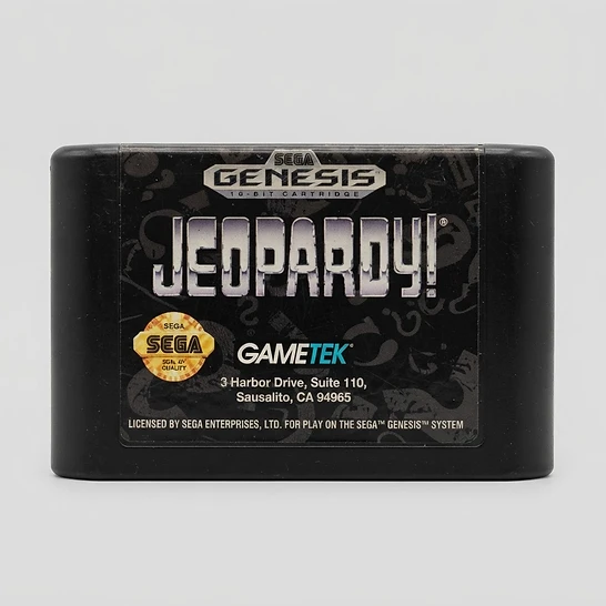 Black Sega Genesis cartridge label for Jeopardy! featuring the game title, GameTek logo, and Sega official quality seal