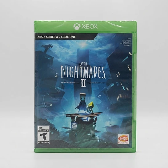 Front of a sealed Little Nightmares II video game case for Xbox Series X and Xbox One with a T for Teen ESRB rating