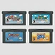 Four grey Game Boy Advance cartridges featuring Super Mario Advance, Super Mario World, Yoshi’s Island, and Super Mario Bros 3