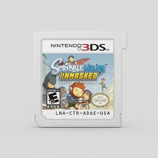 Front view of the Scribblenauts Unmasked: A DC Comics Adventure Nintendo 3DS game cartridge with label artwork