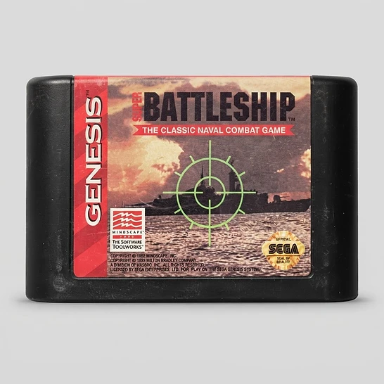 Super Battleship cartridge label for Sega Genesis featuring a naval combat scene with a green targeting reticle