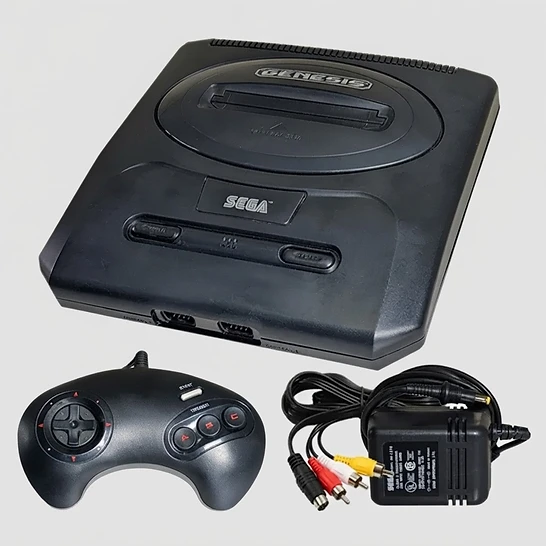 Black Sega Genesis slim console bundle with a controller and AV power cables on a white background