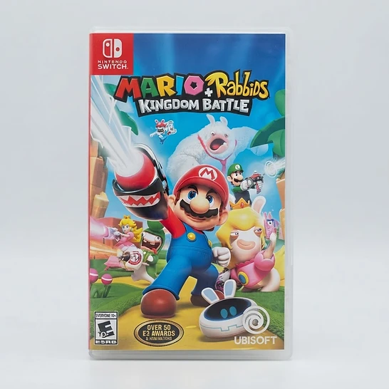 Front view of the Mario + Rabbids Kingdom Battle game case for Nintendo Switch featuring character artwork