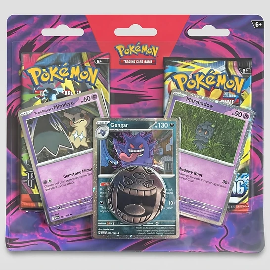 Pokémon TCG Gengar blister pack featuring two booster packs and promo cards of Gengar, Team Rocket's Mimikyu, and Marshadow