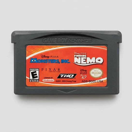 Front view of the Disney Pixar Finding Nemo / Monsters, Inc. 2-in-1 Game Boy Advance cartridge with a red label