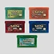 Five Pokemon Game Boy Advance cartridges including LeafGreen, FireRed, Ruby, Sapphire, and Emerald versions in front view