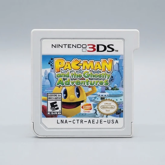 Front view of the white Pac-Man and the Ghostly Adventures Nintendo 3DS game cartridge with label intact