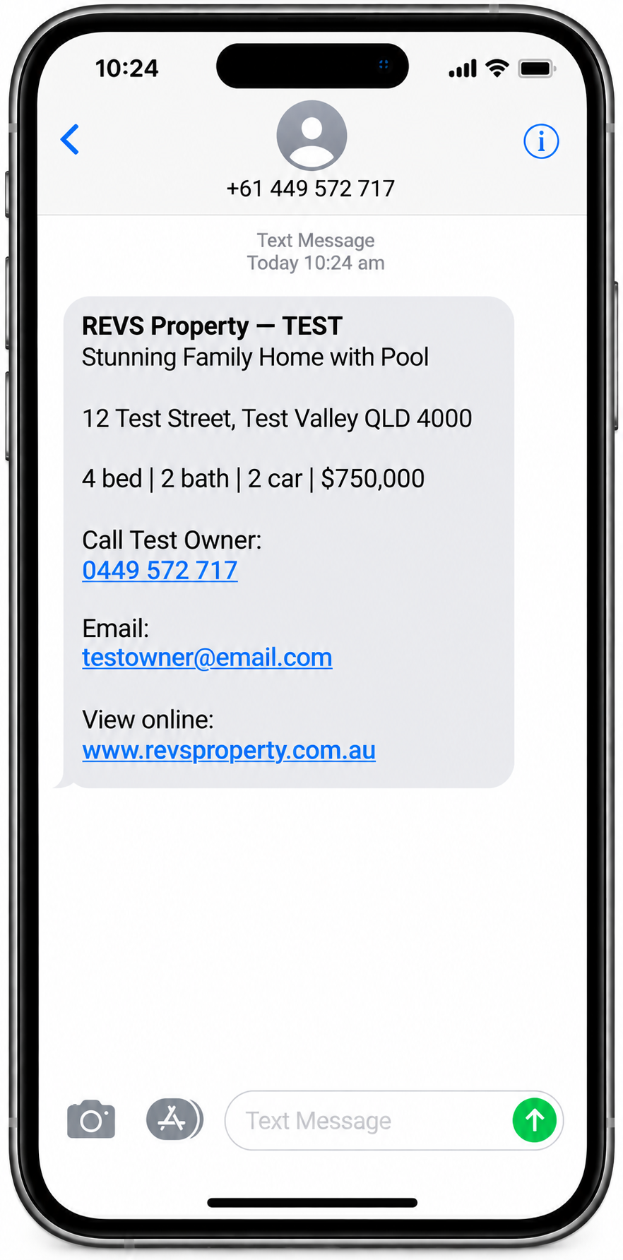 The automated SMS a buyer receives after texting the 4-digit property code to REVS
