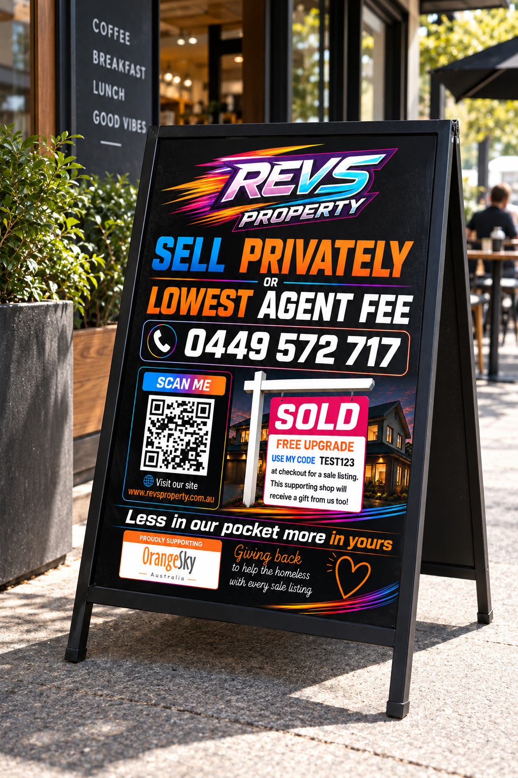 REVS Property A-frame sandwich board marketing sign displayed outside a business
