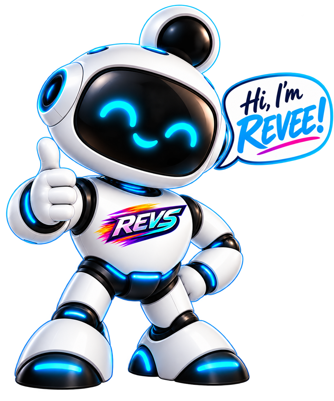 REVEE - the friendly REVS Property AI assistant robot giving a thumbs up