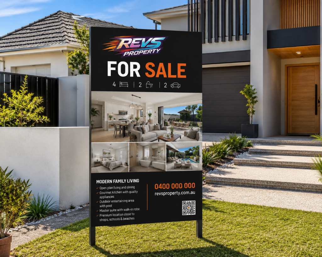 Premium photo signboard with property images, QR code and REVS Property branding for maximum street appeal