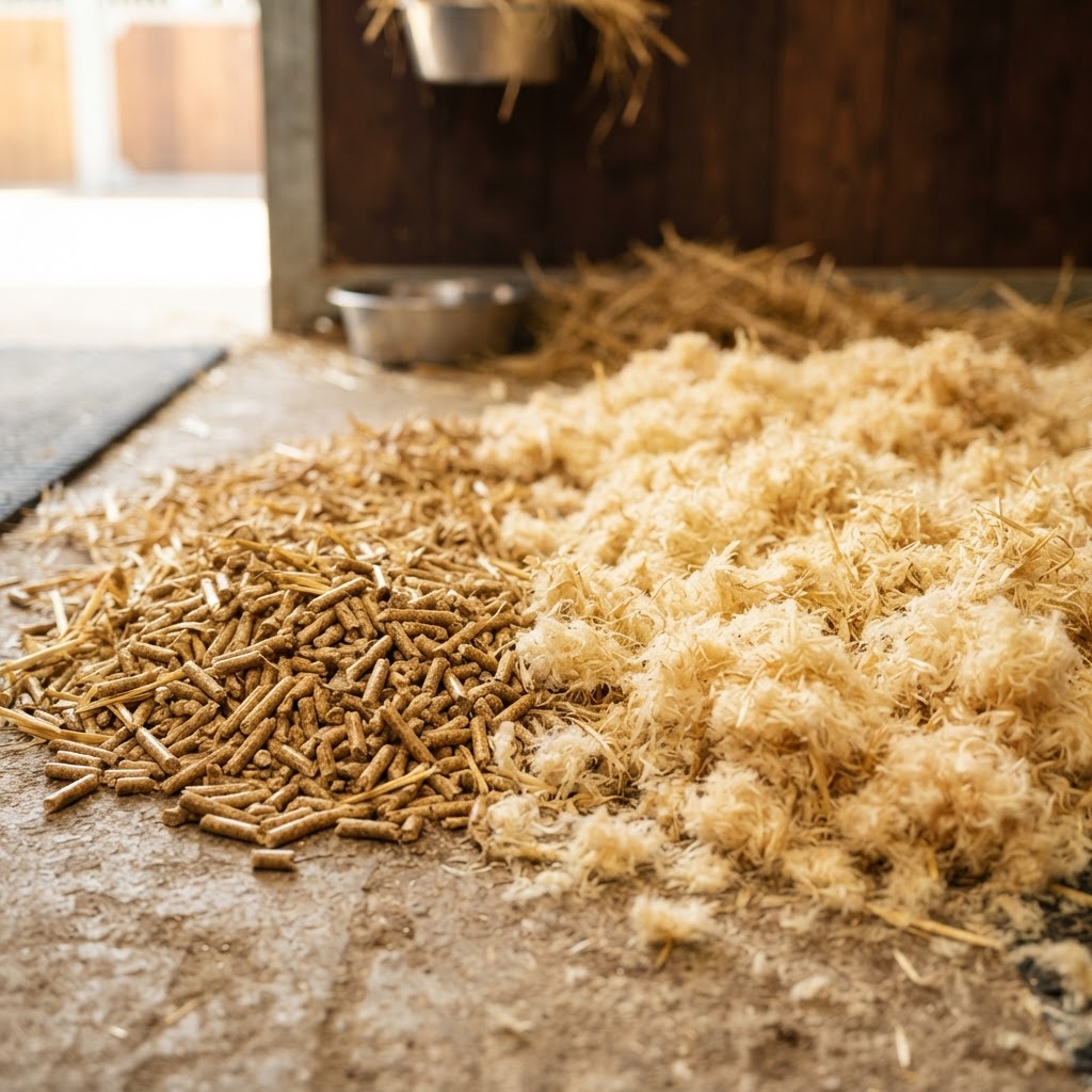 Übergang von Strohpellets zu lockerer, heller Einstreuschicht