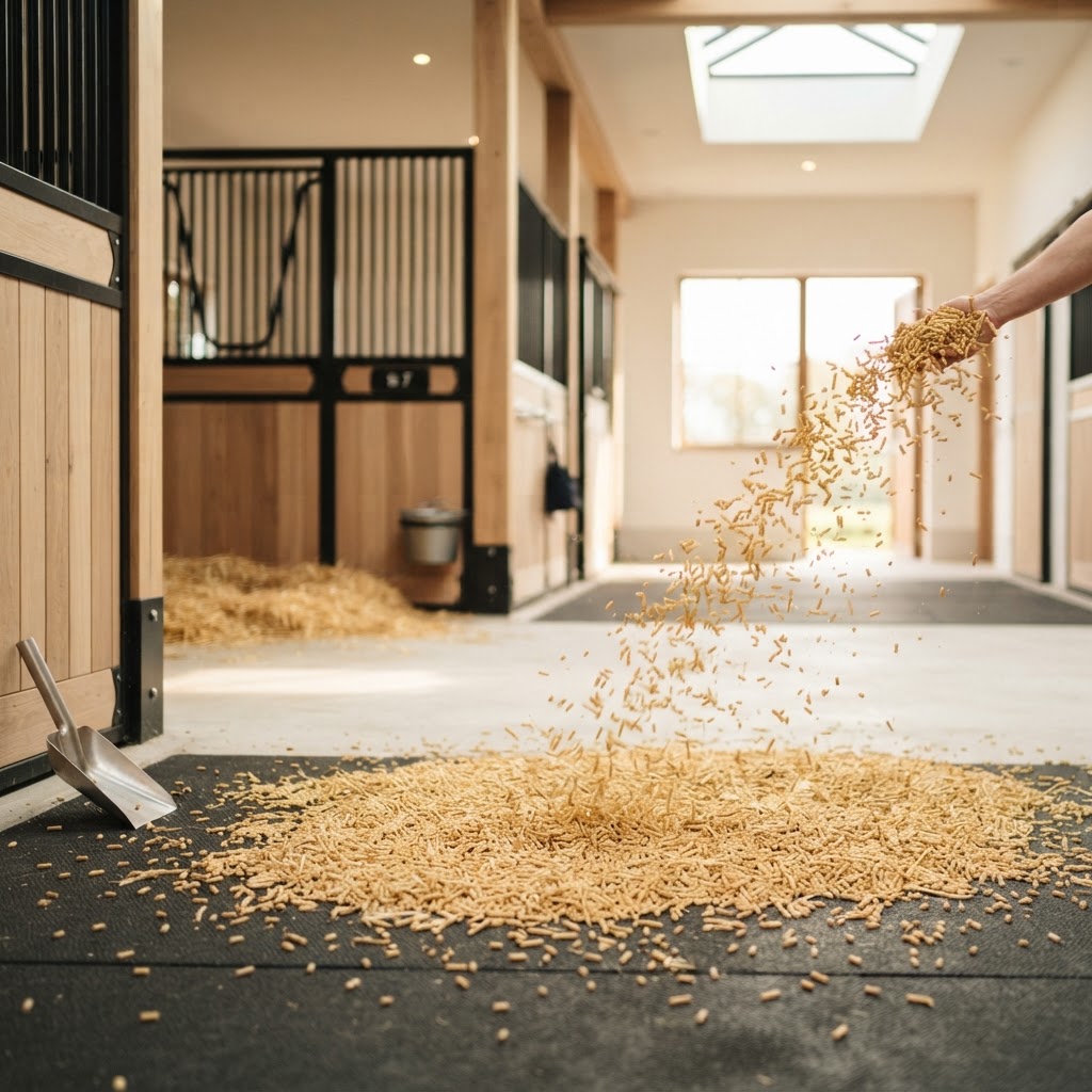 Strohpellets werden gleichmäßig in eine moderne Pferdebox eingebracht