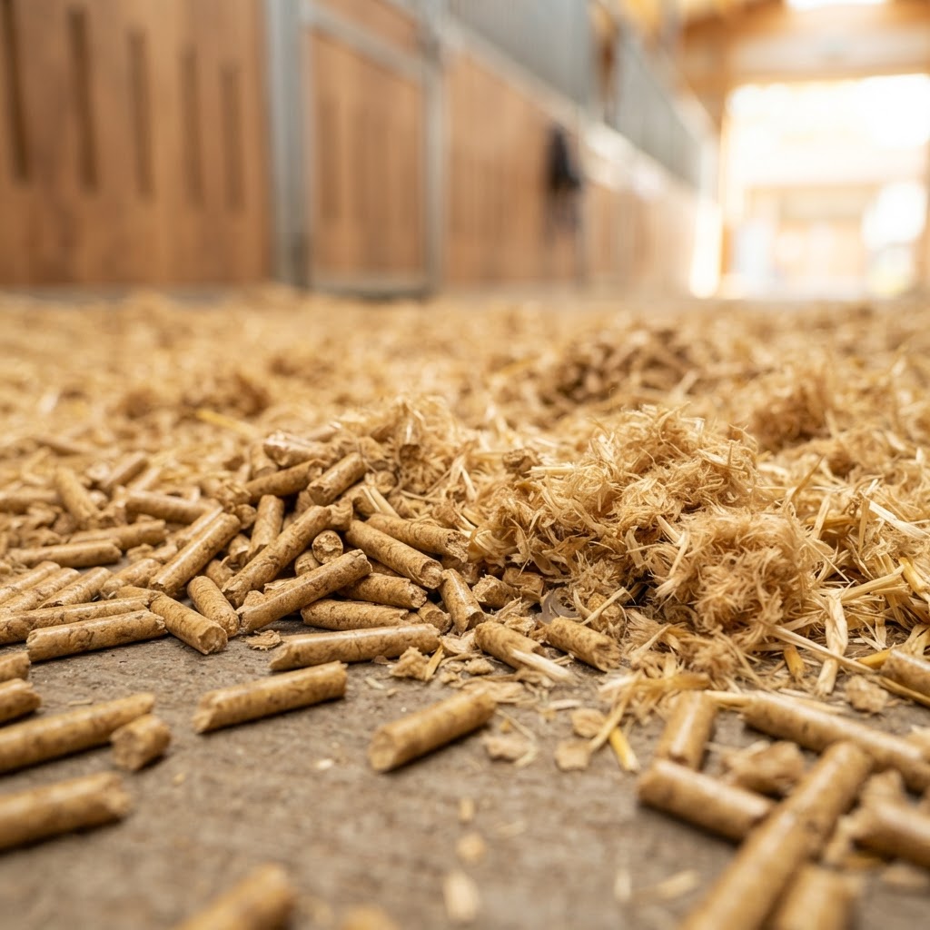 Gold-beige Strohpellets von PellexIQ Stable+ PURE in einer modernen Pferdebox
