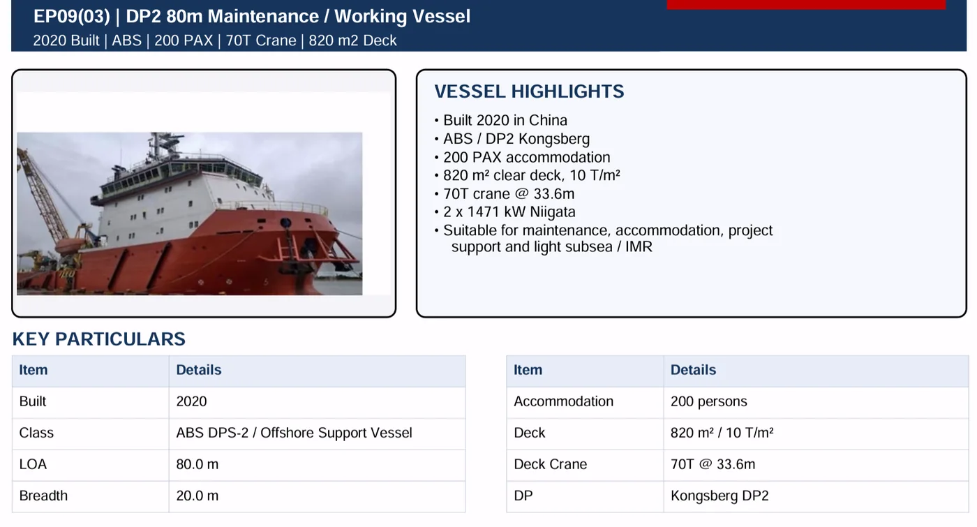 80m DP2 maintenance/working vessel — technical particulars sheet