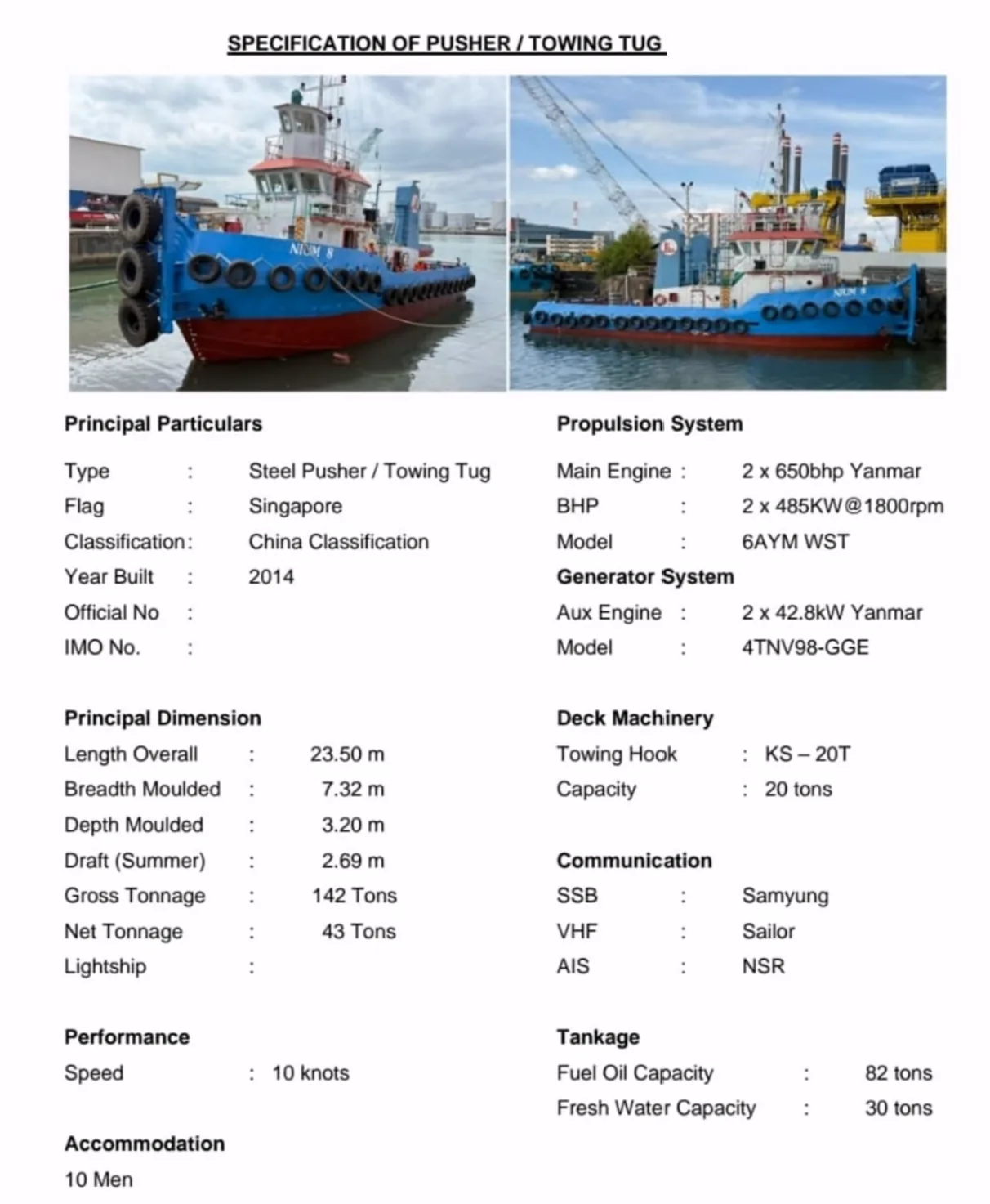 NIJM 8 pusher/towing tug — technical specification sheet; particulars subject to verification