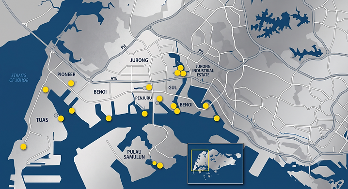 Partner shipyard and private-wharf locations coordinated by Ocean7 Maritime across Singapore.
