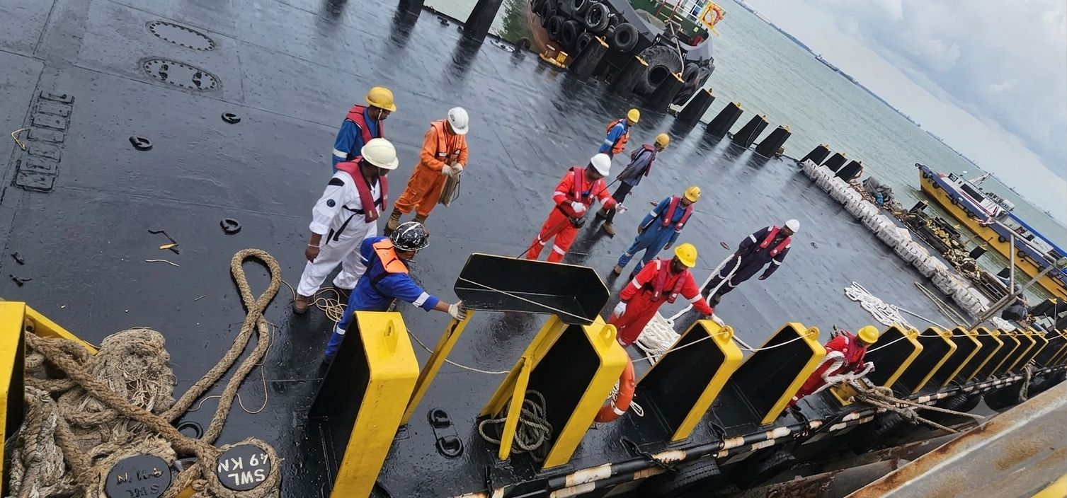 Crew carrying out deck and mooring operations during the Jurong Island barge mobilisation project