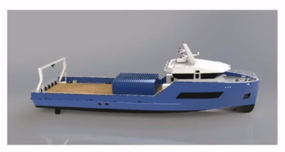 Illustrative 3D rendering of the proposed 32m crewboat / fast supply vessel — not a photograph