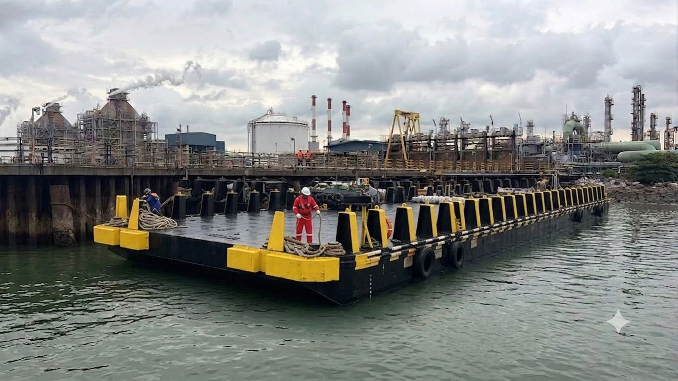 Flat-deck barge alongside an industrial wharf during mobilisation work for Jurong Island