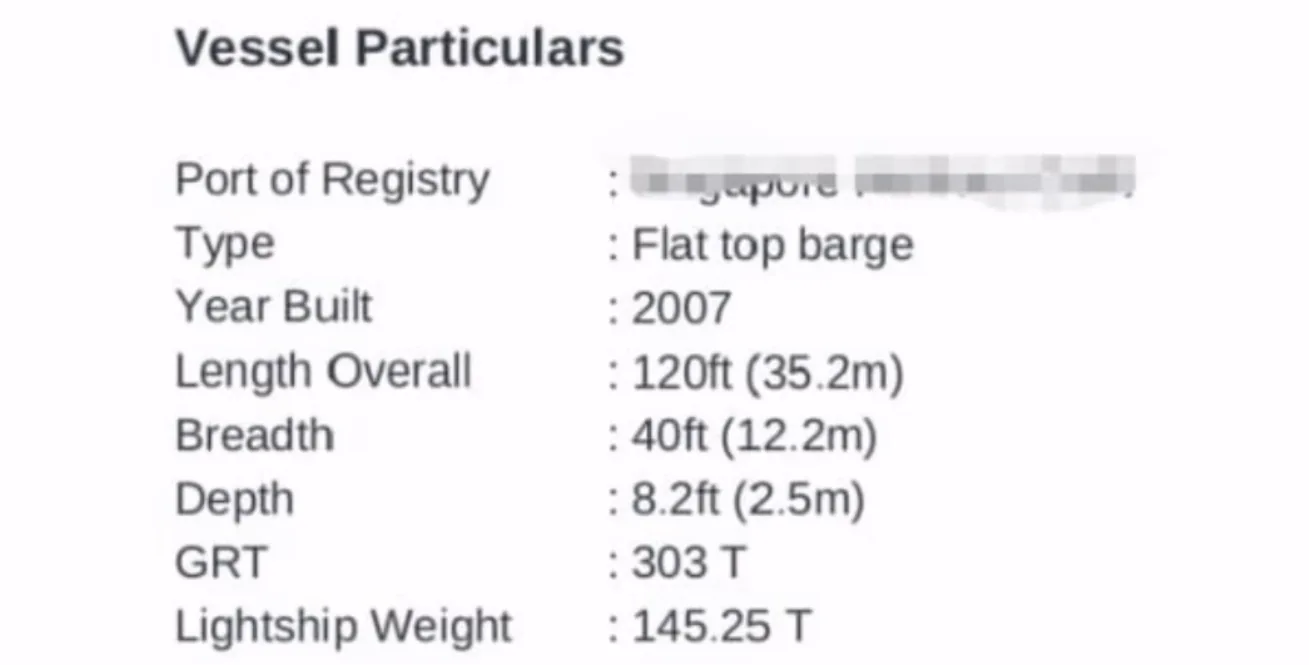 120ft barge particulars sheet — applies to that example, not the full range