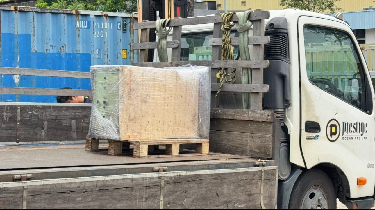Serviced air cooler packed on a pallet for transport back to the vessel