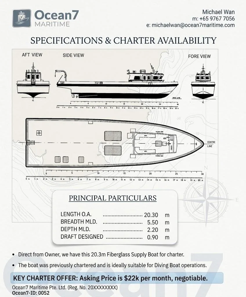 Specification and charter information sheet supplied for O7-0052 — current rate to be reconfirmed