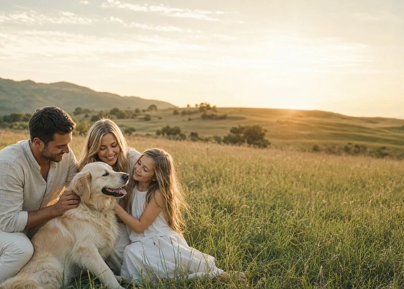 Famiglia con cane seduta in un prato al tramonto