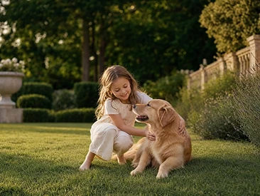Bambina che accarezza un Golden Retriever sul prato