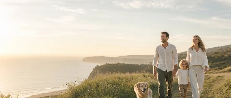 Famiglia sulla scogliera Famiglia con cane che cammina su un sentiero a strapiombo sul mare al tramonto
