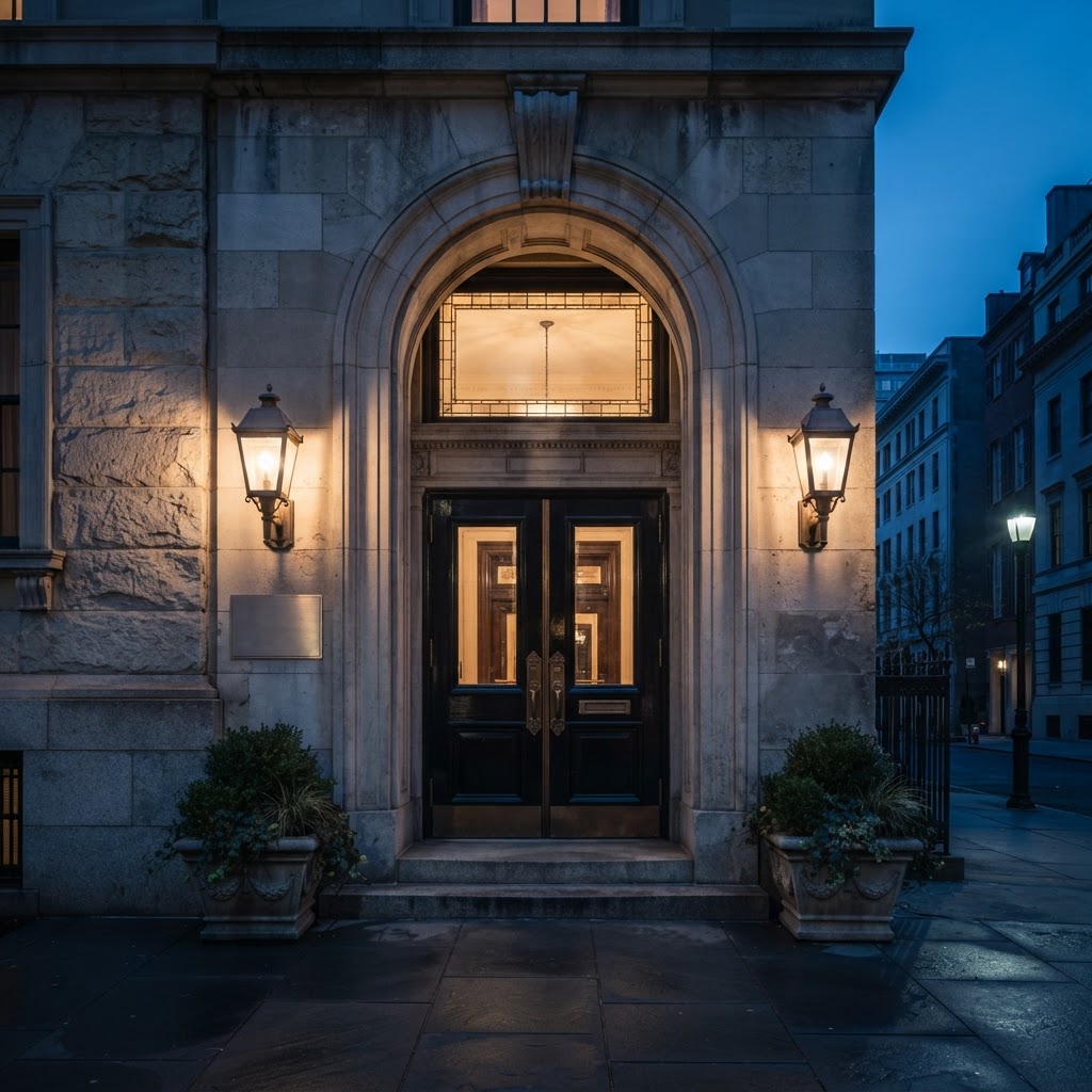 Private office entrance at dusk