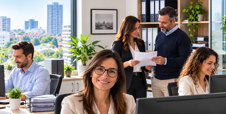 Equipo de asesoría revisando documentación de sus clientes