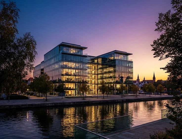 Firmenzentrale von sachbearbeitung.com in Potsdam — modernes verglastes Gebäude bei Abendstimmung mit blau-lila-goldenem Himmel
