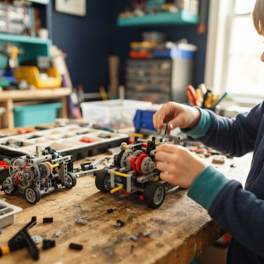 Hands building a LEGO mechanism