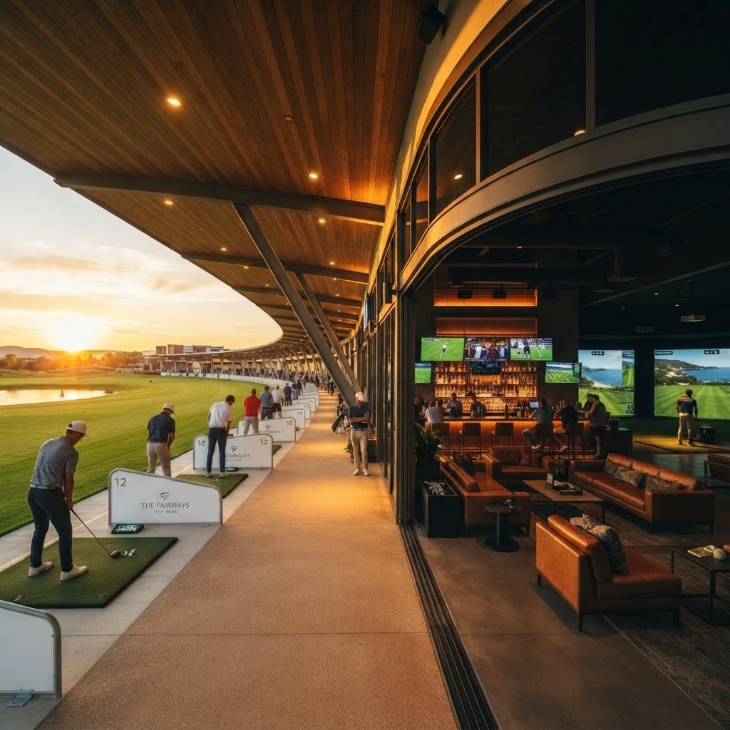 Brede golfrange die overgaat in indoor sportsbar bij zonsondergang