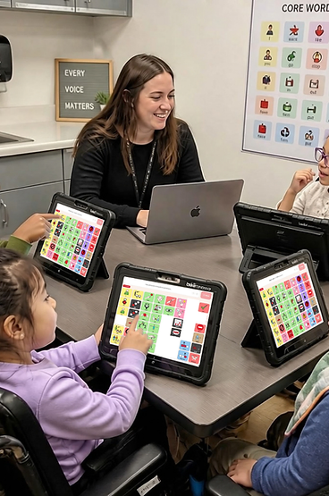 A speech-language pathologist sits at a table with four children using AAC tablets, several in wheelchairs, in a clinical setting.