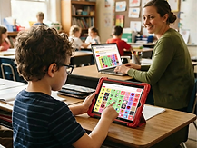 A student taps a highlighted word on an AAC board on a tablet while a teacher smiles from her desk in a classroom.
