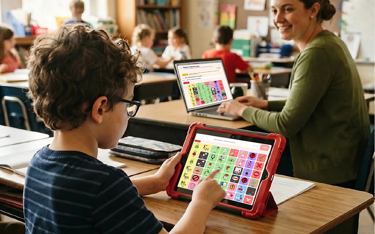 A student taps a highlighted word on an AAC board on a tablet while a teacher smiles from her desk in a classroom.