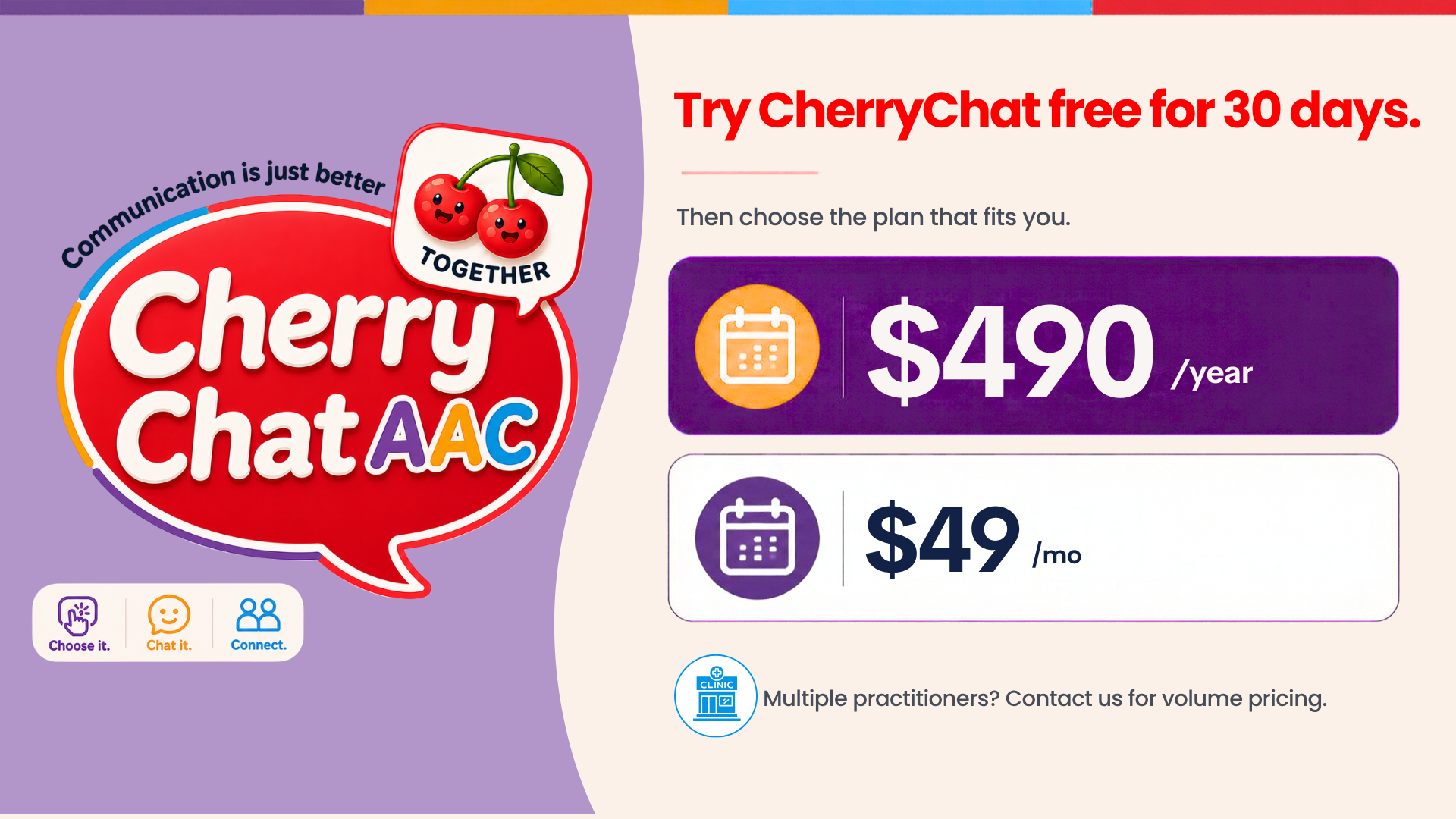 Try CherryChat free for 30 days. Then choose the plan that fits you. $490/year or $49/mo. Multiple practitioners? Contact us for volume pricing.