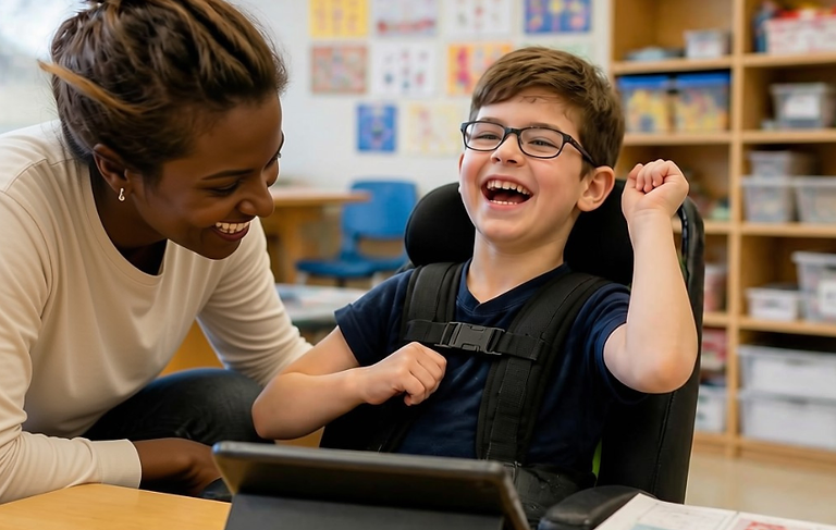 A teacher and a student laughing together over a tablet in a classroom
