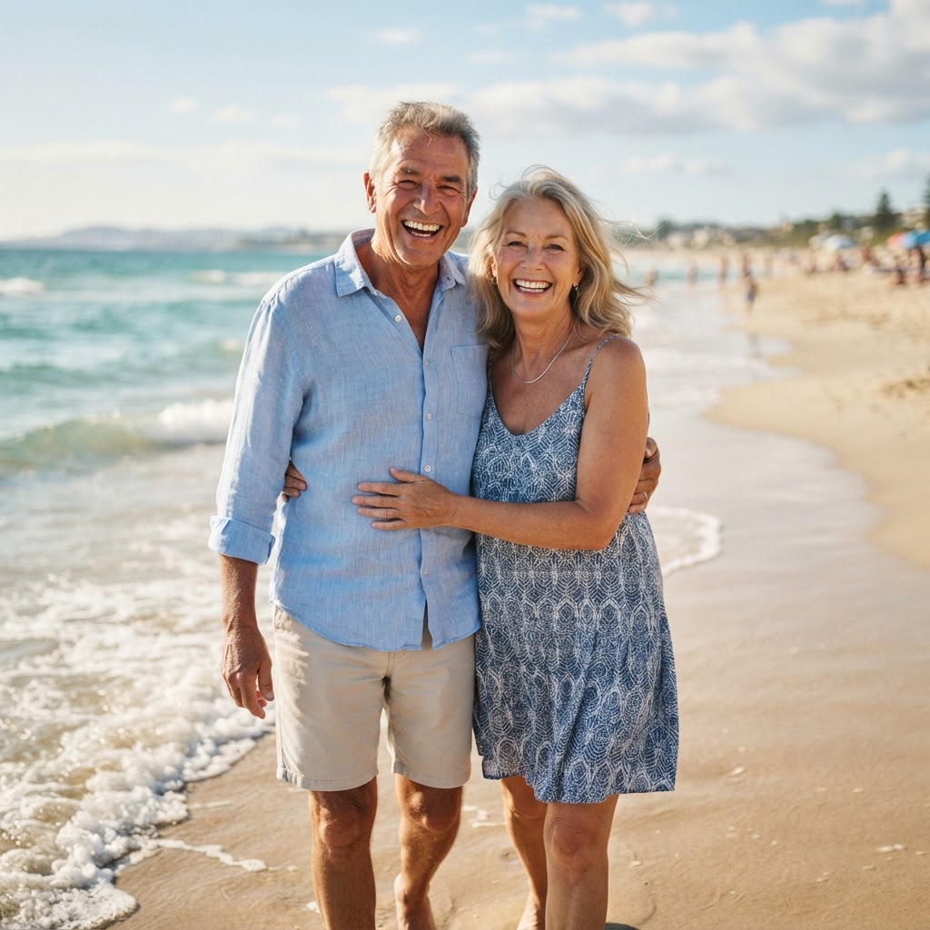 Happy senior couple smiling at the beach with dental implants from Mega Dental Richmond TX