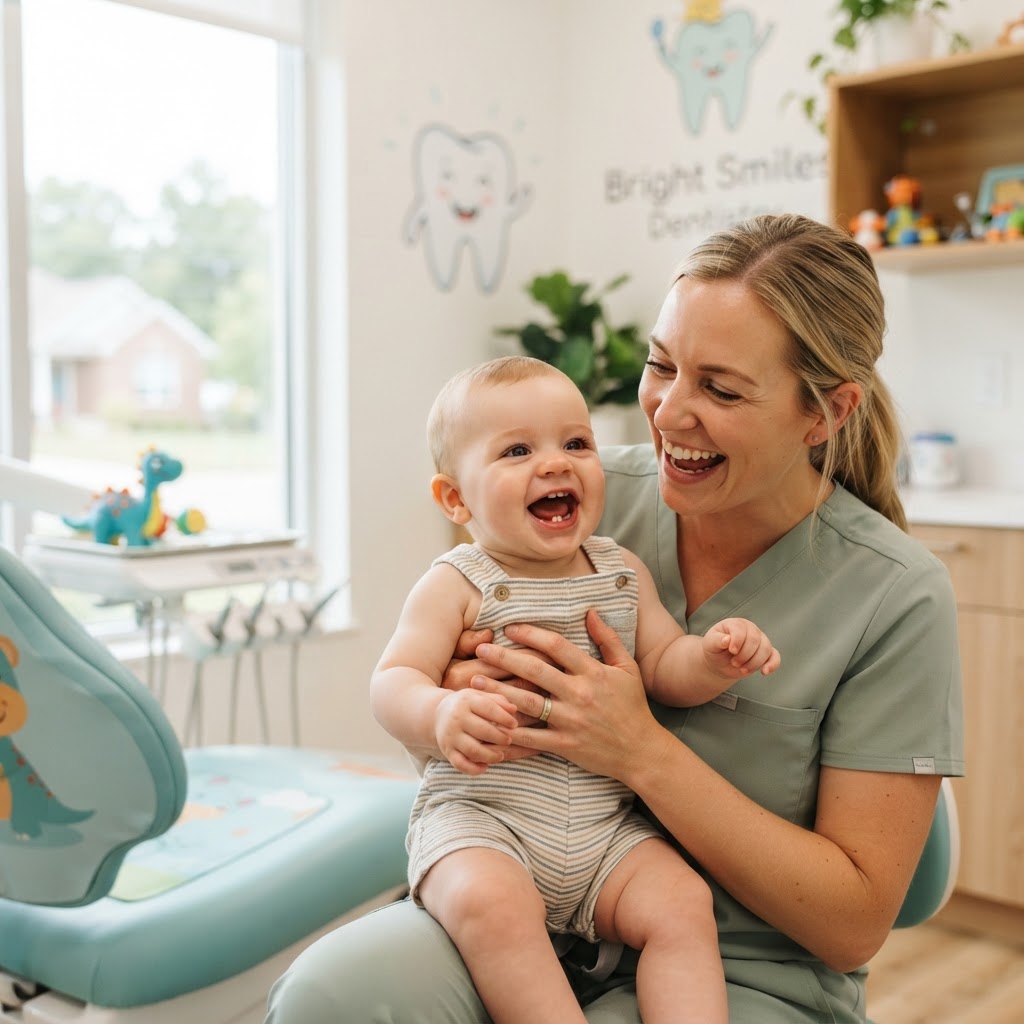 Happy baby laughing with mom at Mega Dental Richmond TX