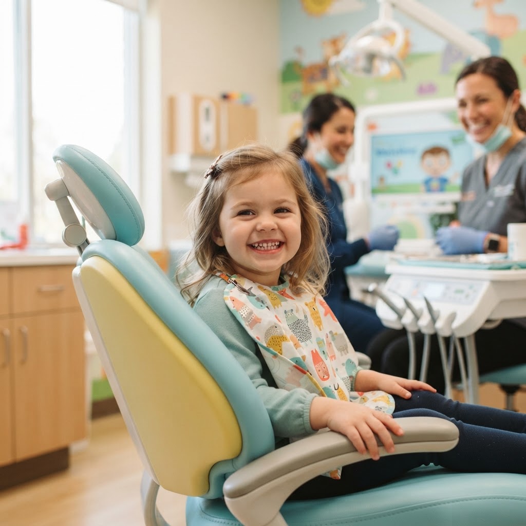 Happy child at the dentist — new patient special at Mega Dental