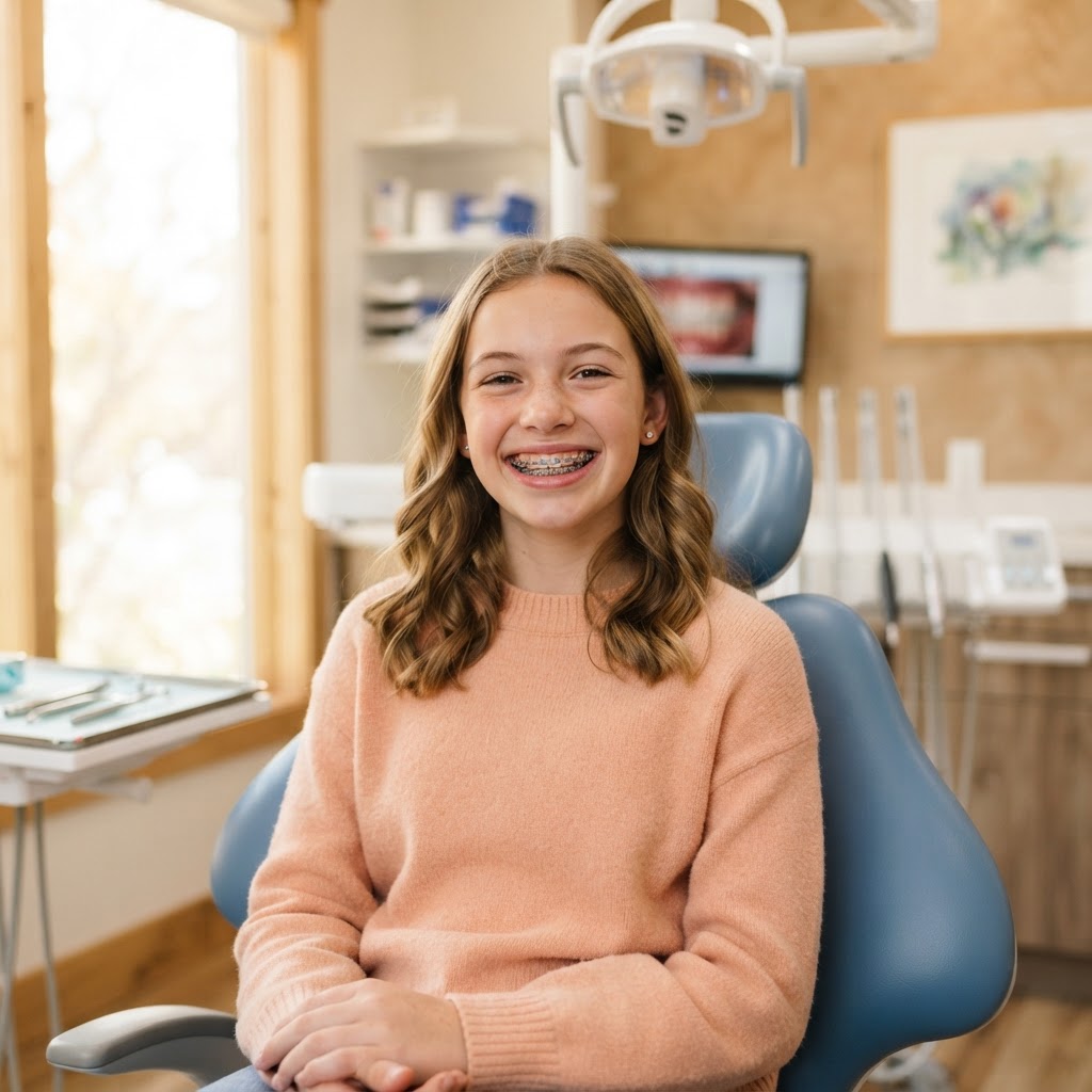 Happy teen with braces smiling at Mega Dental Richmond TX