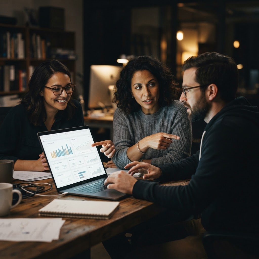 Cinematic documentary image of a nonprofit team reviewing video analytics and fundraising results on a laptop in a darkened room